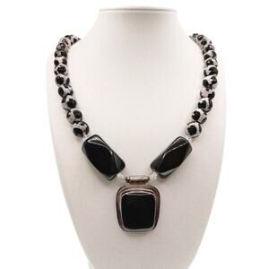 ATI Sterling Silver Mexico Onyx and Tibetan Agate Dzi Beads Necklace 20”